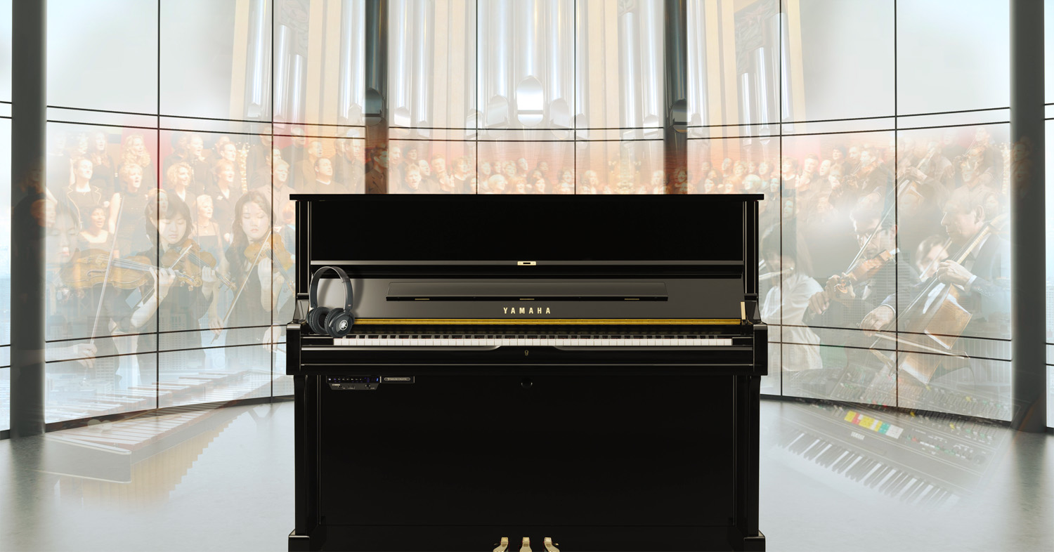 Image of TransAcoustic or Silent Piano Surrounded By An Orchestra and Choir